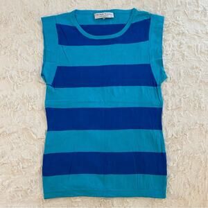 Trina Turk Women’s Top Small Petite Blue Striped Cotton Blend Short Sleeve